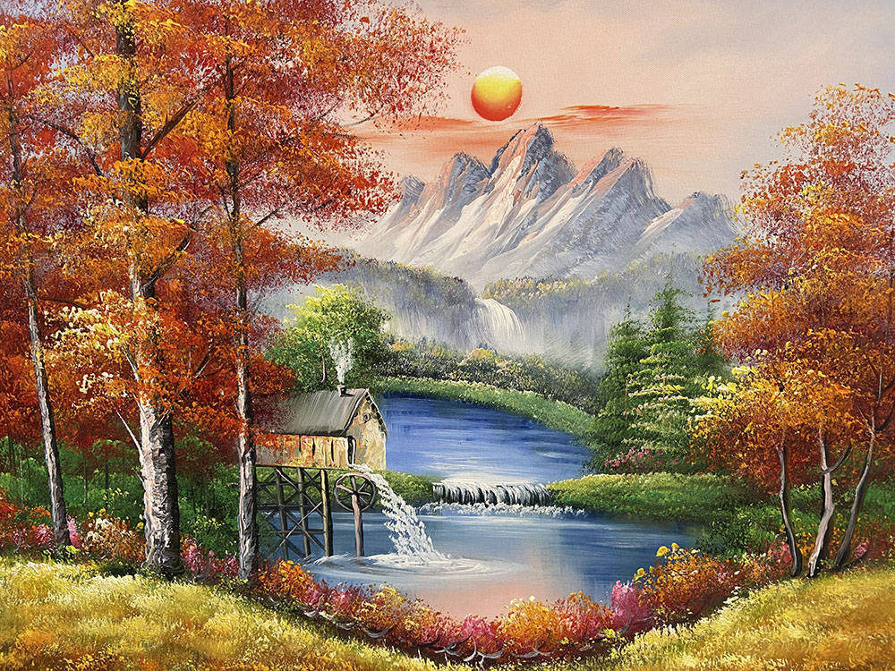 Discover the Magic of Autumn: Stunning HandPainted Mountain Landscape Oil Painting with SnowCapped Peaks and Golden Leaves Discover the Magic of Autumn: Stunning HandPainted Mountain Landscape Oil Painting with SnowCapped Peaks and Golden Leaves